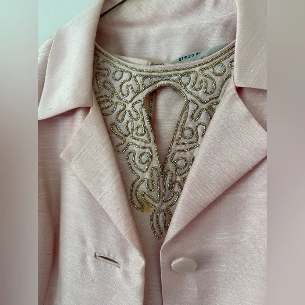 Vintage 1960s Plus Size Beaded Dress & Coat Set Raw Silk Pink Jackie O Size 16W - Picture 15 of 16